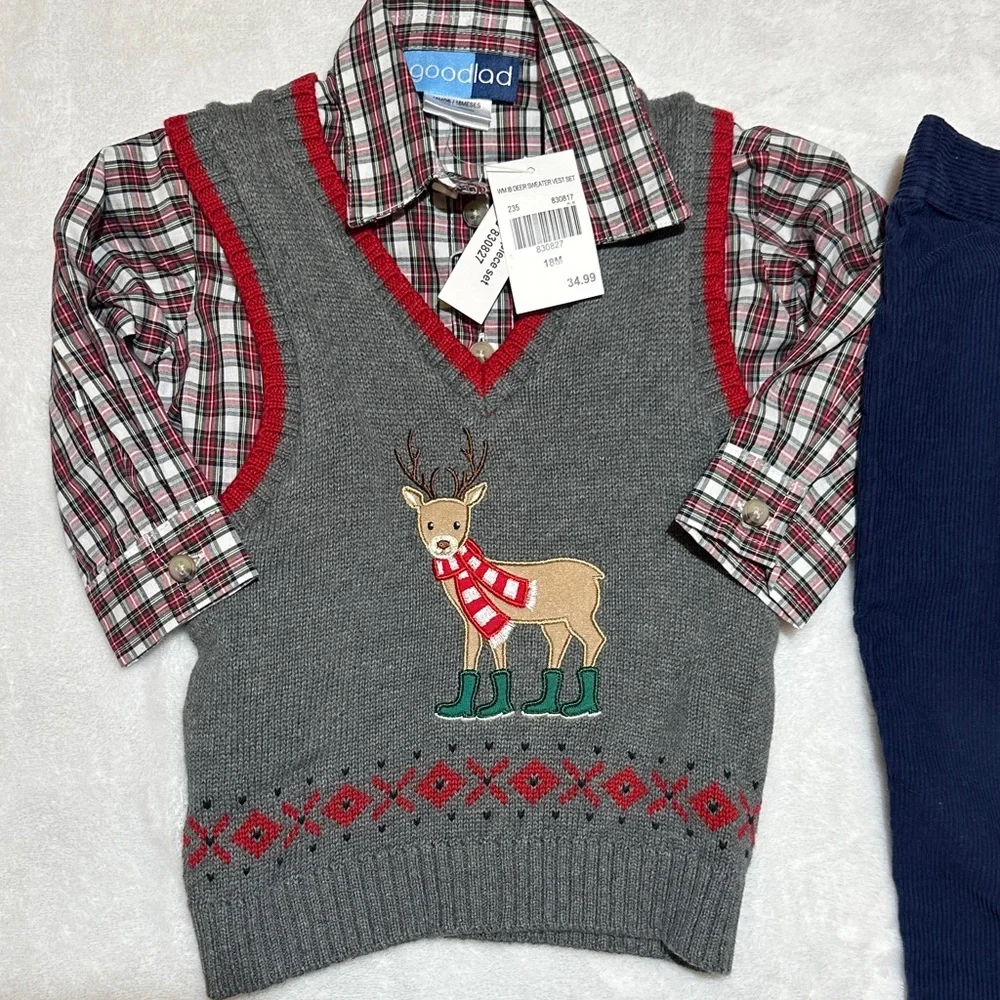 NWT Goodlad 3pc Gray Reindeer Sweater Vest,Plaid Shirt, and Blue cord Pants 18mo